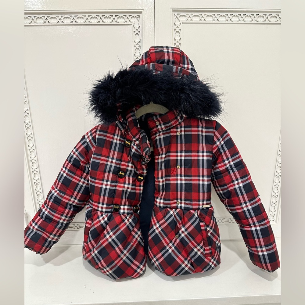 Plaid Mayoral Fleece lined puffer Fur Hood Jacket Red and navy Size 8